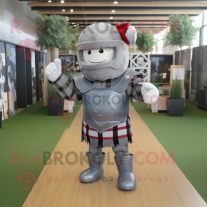 Gray Medieval Knight mascot costume character dressed with a Flannel Shirt and Caps