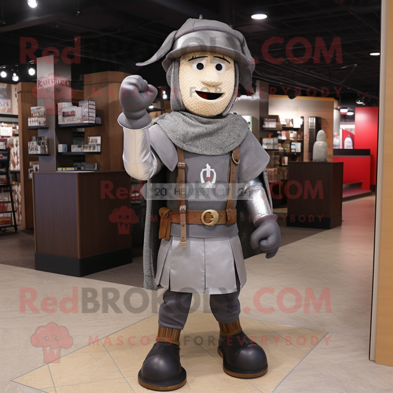 Gray Medieval Knight mascot costume character dressed with a Flannel Shirt and Caps Gray Medieval Knight mascot costume character dressed with a Flannel Shirt and Caps