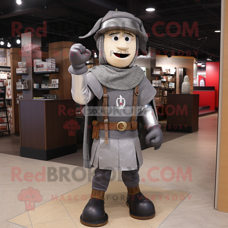 Gray Medieval Knight mascot costume character dressed with a Flannel Shirt and Caps