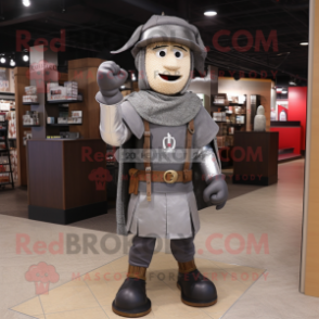 Gray Medieval Knight mascot costume character dressed with a Flannel Shirt and Caps