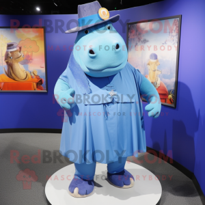 Blue Hippopotamus mascot costume character dressed with a Midi Dress and Hat pins