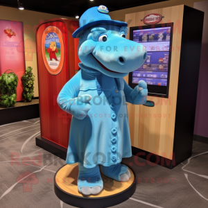 Blue Hippopotamus mascot costume character dressed with a Midi Dress and Hat pins