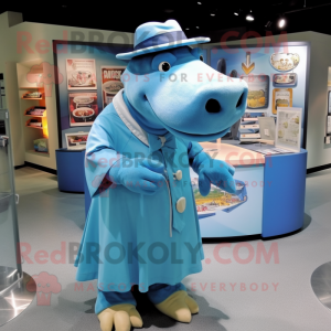 Blue Hippopotamus mascot costume character dressed with a Midi Dress and Hat pins