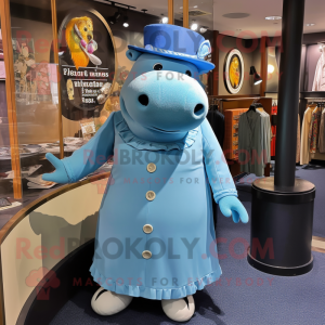 Blue Hippopotamus mascot costume character dressed with a Midi Dress and Hat pins