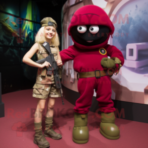 Maroon Para Commando mascot costume character dressed with a Mini Skirt and Watches