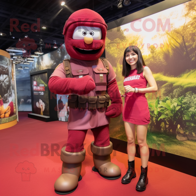 Maroon Para Commando mascot costume character dressed with a Mini Skirt and Watches