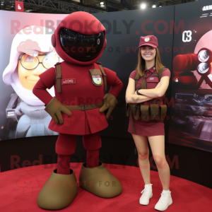 Maroon Para Commando mascot costume character dressed with a Mini Skirt and Watches