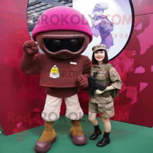 Maroon Para Commando mascot costume character dressed with a Mini Skirt and Watches