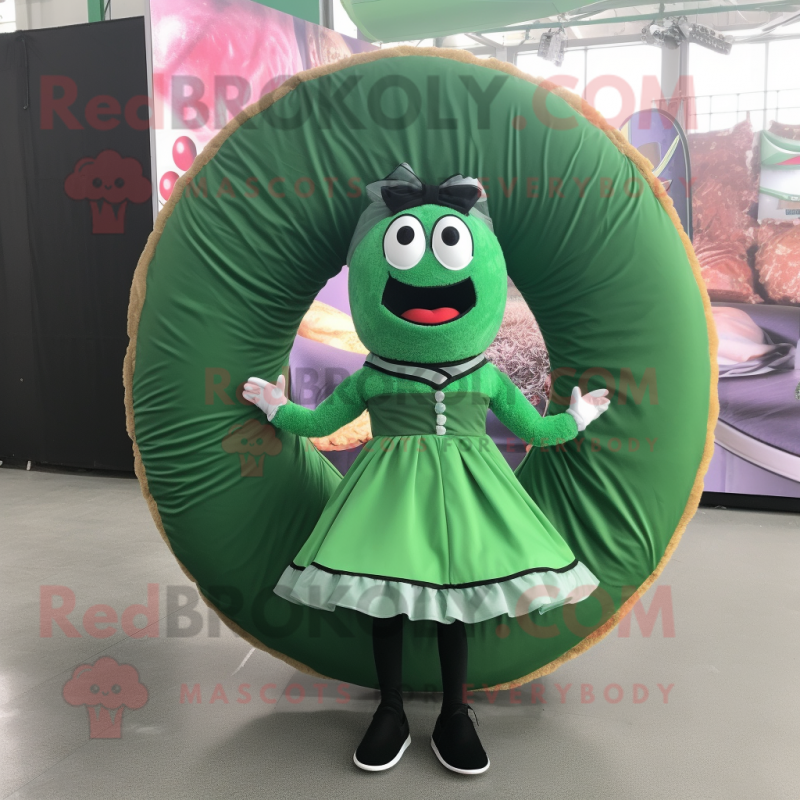 Forest Green Donut mascot costume character dressed with a Circle Skirt and Scarves