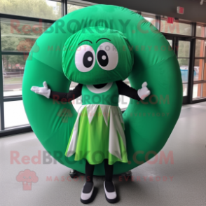 Forest Green Donut mascot costume character dressed with a Circle Skirt and Scarves