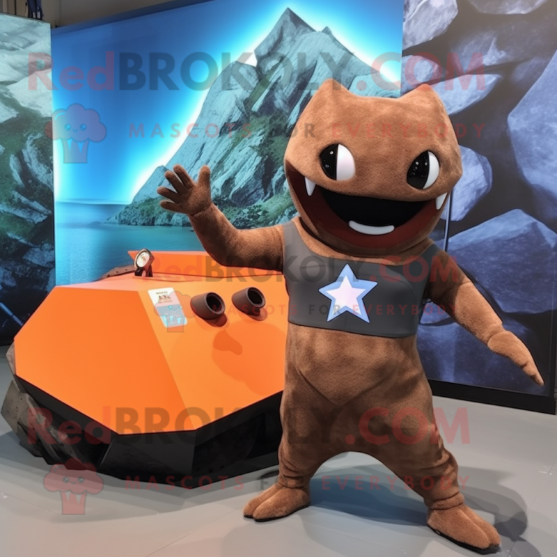 Rust Stingray mascot costume character dressed with a Tank Top and Wraps