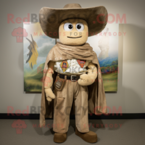 Tan Cowboy mascot costume character dressed with a Bermuda Shorts and Shawl pins