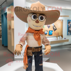 Tan Cowboy mascot costume character dressed with a Bermuda Shorts and Shawl pins
