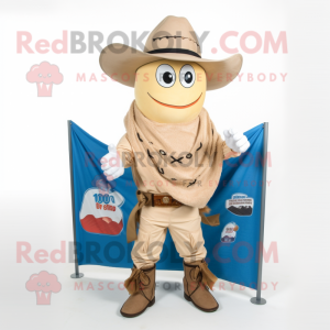 Tan Cowboy mascot costume character dressed with a Bermuda Shorts and Shawl pins