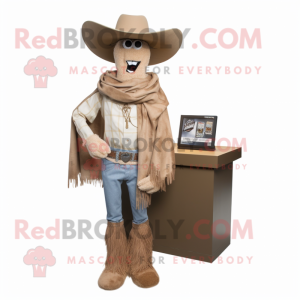 Tan Cowboy mascot costume character dressed with a Bermuda Shorts and Shawl pins