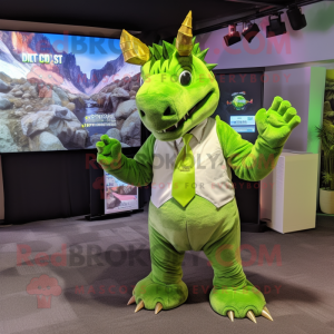 Lime Green Triceratops mascot costume character dressed with a Suit and Suspenders