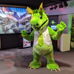 Lime Green Triceratops mascot costume character dressed with a Suit and Suspenders