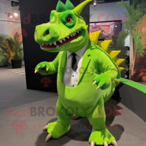 Lime Green Triceratops mascot costume character dressed with a Suit and Suspenders