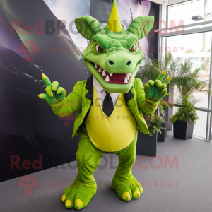 Lime Green Triceratops mascot costume character dressed with a Suit and Suspenders