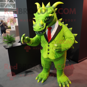Lime Green Triceratops mascot costume character dressed with a Suit and Suspenders