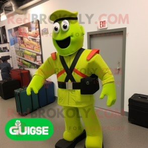 Lime Green Gi Joe mascot costume character dressed with a Cargo Shorts and Messenger bags