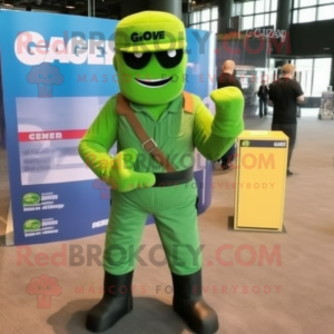 Lime Green Gi Joe mascot costume character dressed with a Cargo Shorts and Messenger bags