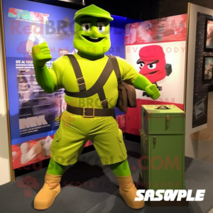 Lime Green Gi Joe mascot costume character dressed with a Cargo Shorts and Messenger bags