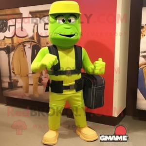 Lime Green Gi Joe mascot costume character dressed with a Cargo Shorts and Messenger bags