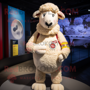 Cream Sheep mascot costume character dressed with a Rash Guard and Bracelets