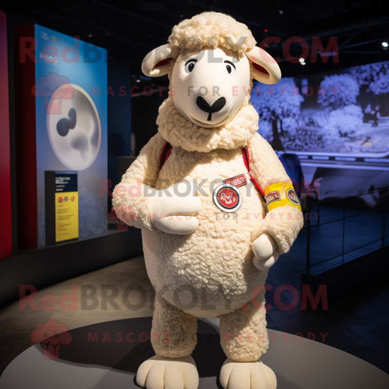 Cream Sheep mascot costume character dressed with a Rash Guard and Bracelets