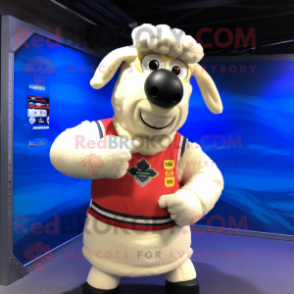 Cream Sheep mascot costume character dressed with a Rash Guard and Bracelets