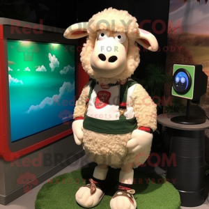 Cream Sheep mascot costume character dressed with a Rash Guard and Bracelets