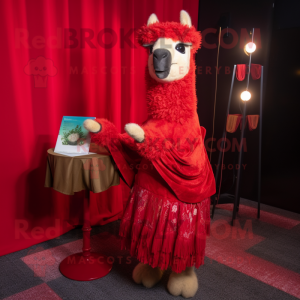 Red Llama mascot costume character dressed with a Cocktail Dress and Shawl pins