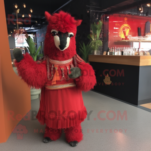 Red Llama mascot costume character dressed with a Cocktail Dress and Shawl pins