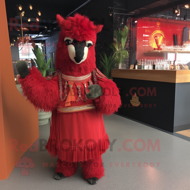 Red Llama mascot costume character dressed with a Cocktail Dress and Shawl pins Red Llama mascot costume character dressed with a Cocktail Dress and Shawl pins