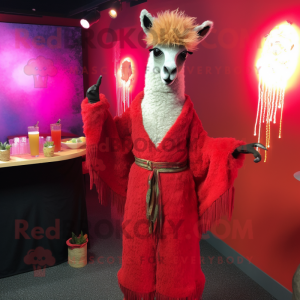 Red Llama mascot costume character dressed with a Cocktail Dress and Shawl pins
