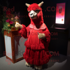 Red Llama mascot costume character dressed with a Cocktail Dress and Shawl pins