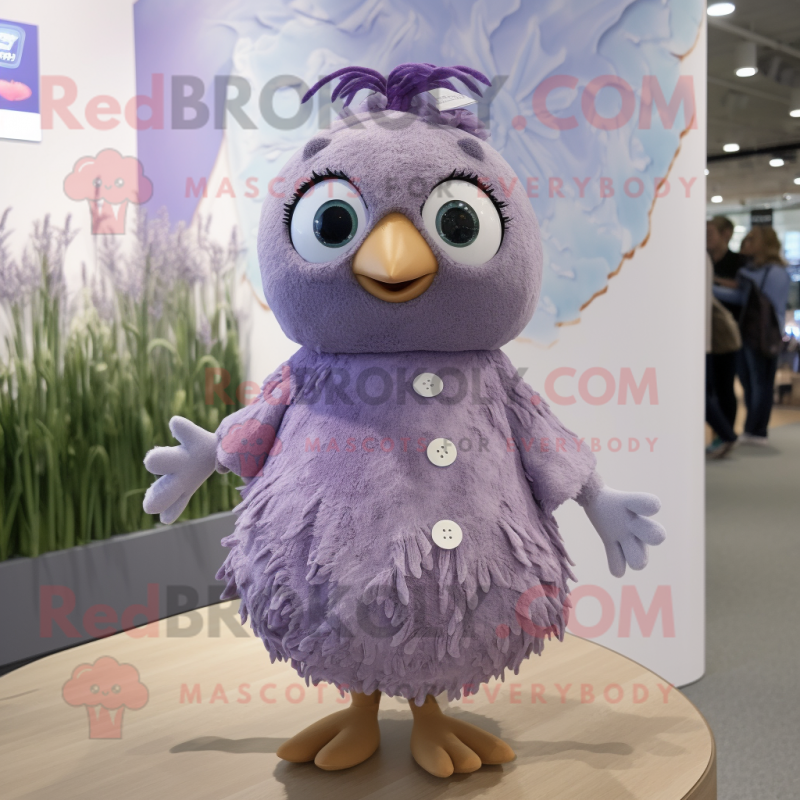 Lavender Quail mascot costume character dressed with a Playsuit and Hair clips