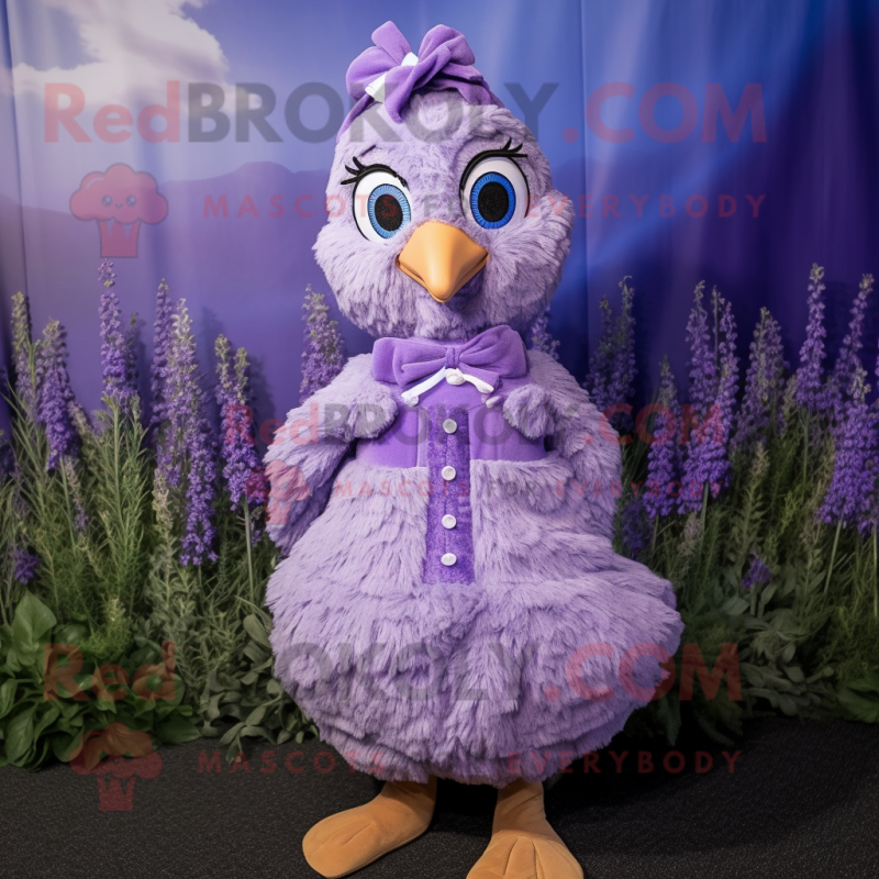 Lavender Quail mascot costume character dressed with a Playsuit and Hair clips