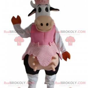 Mascotte de vache amusante en tenue de fermière - Redbrokoly.com