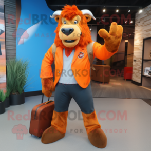 Orange Bison mascot costume character dressed with a Blazer and Backpacks