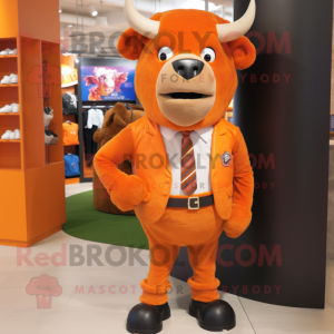 Orange Bison mascot costume character dressed with a Blazer and Backpacks