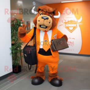 Orange Bison mascot costume character dressed with a Blazer and Backpacks