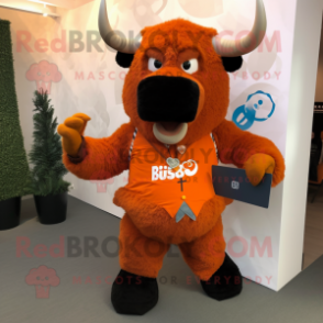 Orange Bison mascot costume character dressed with a Blazer and Backpacks