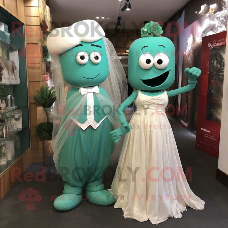 Teal Green Bean mascot costume character dressed with a Wedding Dress and Ties