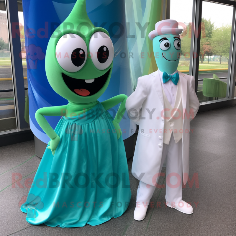 Teal Green Bean mascot costume character dressed with a Wedding Dress and Ties Teal Green Bean mascot costume character dressed with a Wedding Dress and Ties