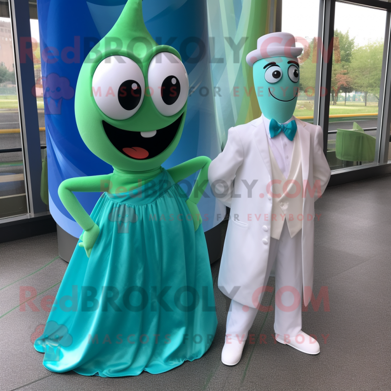 Teal Green Bean mascot costume character dressed with a Wedding Dress and Ties