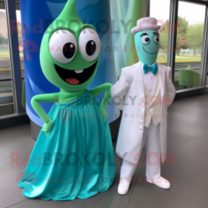Teal Green Bean mascot costume character dressed with a Wedding Dress and Ties