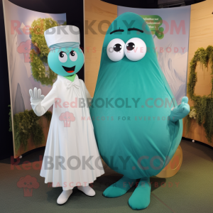 Teal Green Bean mascot costume character dressed with a Wedding Dress and Ties