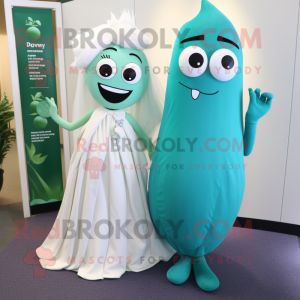 Teal Green Bean mascot costume character dressed with a Wedding Dress and Ties